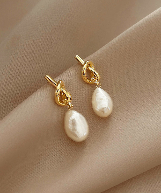 French Gold Copper Alloy Asymmetrical Pearl Drop Earrings