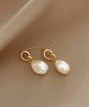 French Gold Copper Alloy Asymmetrical Pearl Drop Earrings