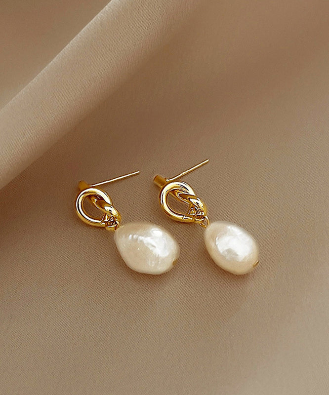French Gold Copper Alloy Asymmetrical Pearl Drop Earrings