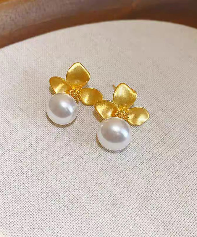 French Gold Copper Overgild Floral Pearl Drop Earrings