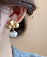 French Gold Copper Overgild Floral Pearl Drop Earrings