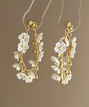 French Gold Copper Overgild Floral Tassel Hoop Earrings