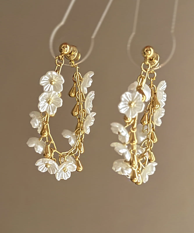 French Gold Copper Overgild Floral Tassel Hoop Earrings