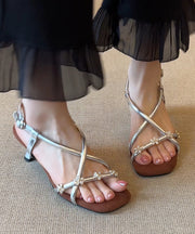French Gold Square Toe Zircon Flower Cross Strap High Heel Sandals
