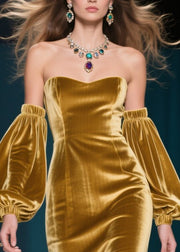 French Golden Backless Silk Velvet Dinner Dresses Lantern Sleeve