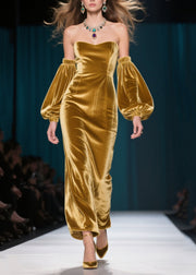 French Golden Backless Silk Velvet Dinner Dresses Lantern Sleeve