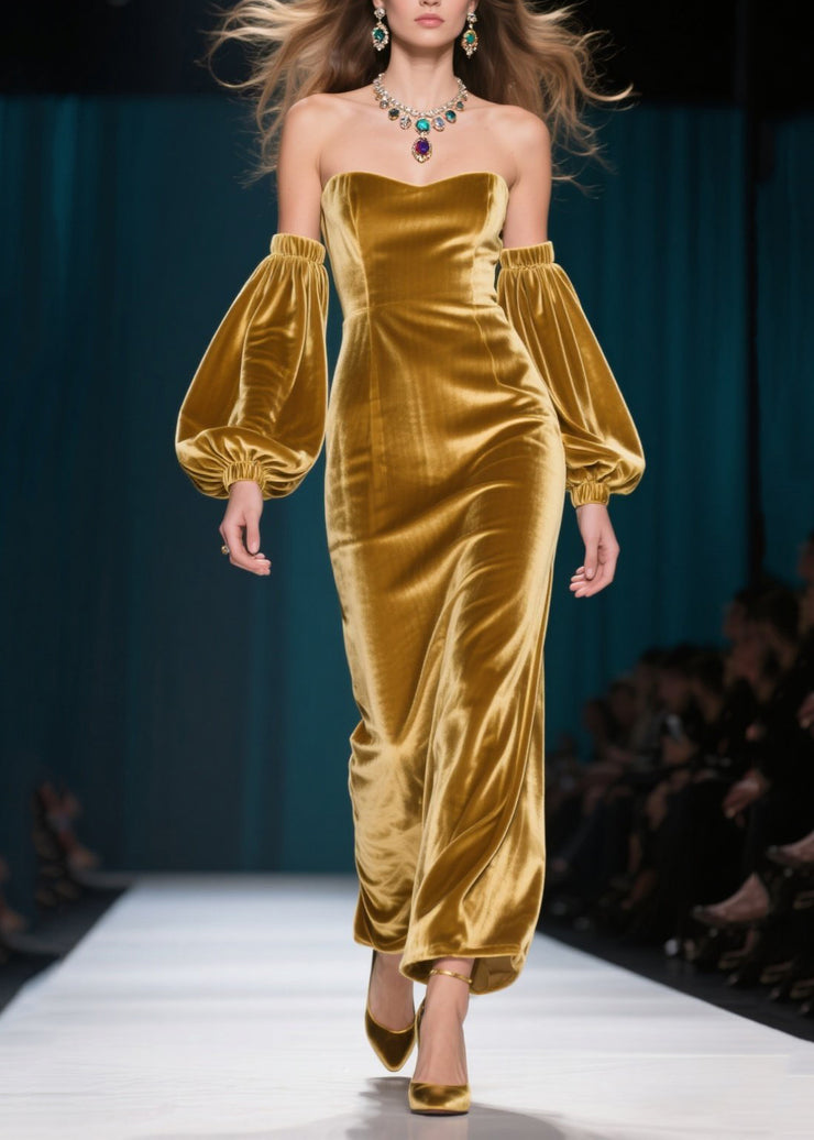 French Golden Backless Silk Velvet Dinner Dresses Lantern Sleeve
