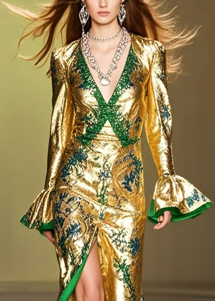 French Golden Wraped Side Open Silk Party Dress Spring