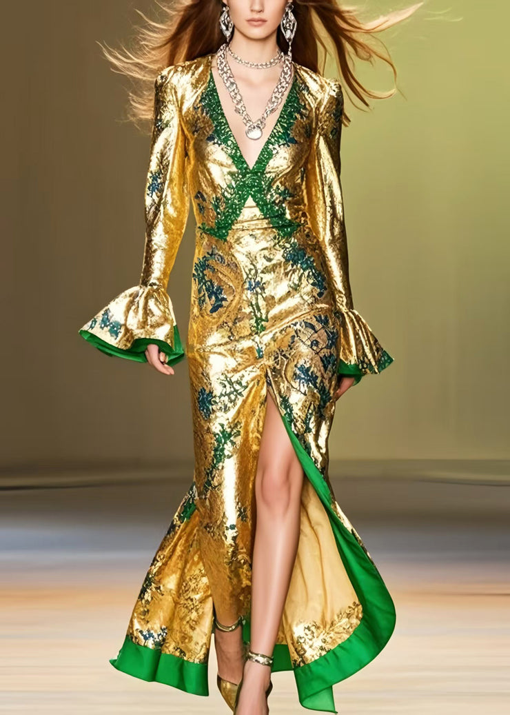 French Golden Wraped Side Open Silk Party Dress Spring