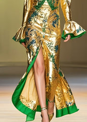 French Golden Wraped Side Open Silk Party Dress Spring