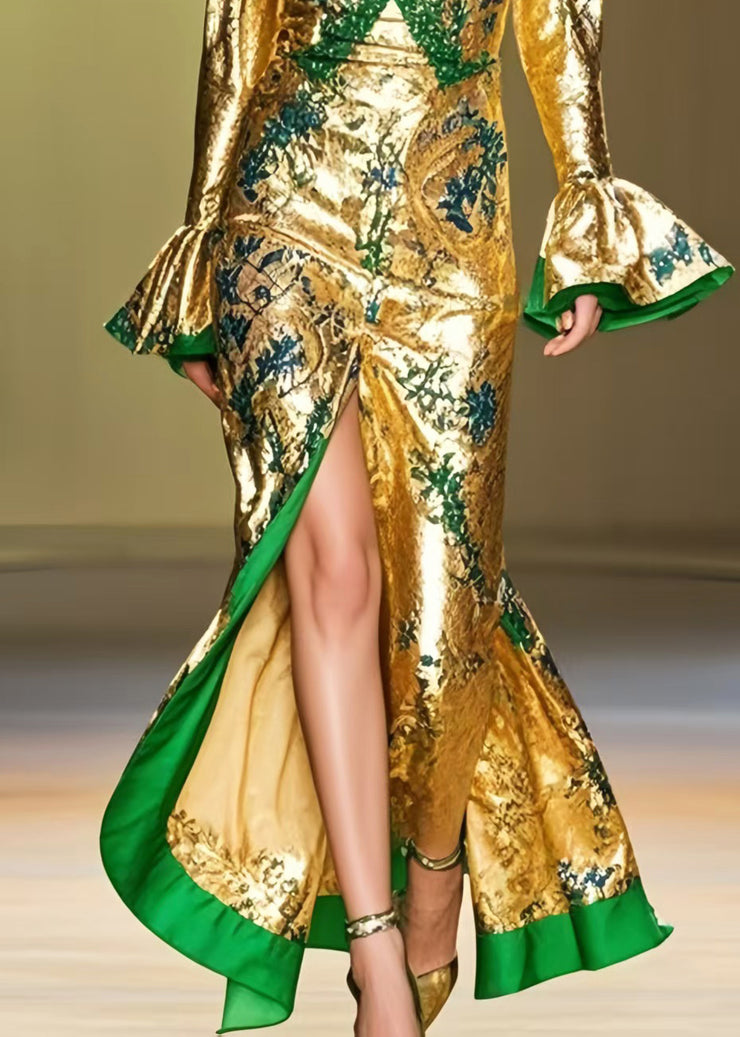 French Golden Wraped Side Open Silk Party Dress Spring