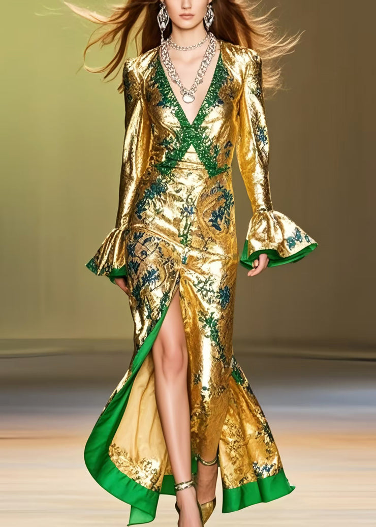 French Golden Wraped Side Open Silk Party Dress Spring