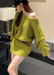 French Grass Green Cold Shoulder Wraped Knitwear Dress Spring