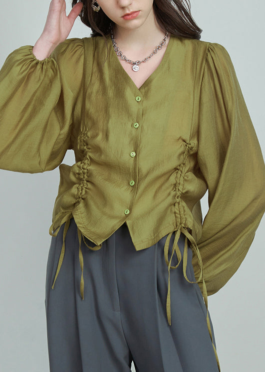 French Grass Green V Neck Lace Up Silk Cotton Shirt Long Sleeve