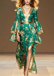 French Green Asymmetrical Print Chiffon Vacation Dresses Flare Sleeve