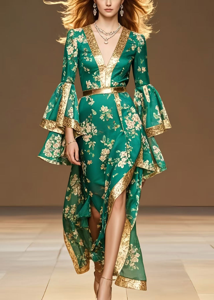 French Green Asymmetrical Print Chiffon Vacation Dresses Flare Sleeve