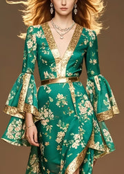 French Green Asymmetrical Print Chiffon Vacation Dresses Flare Sleeve