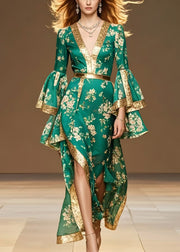 French Green Asymmetrical Print Chiffon Vacation Dresses Flare Sleeve