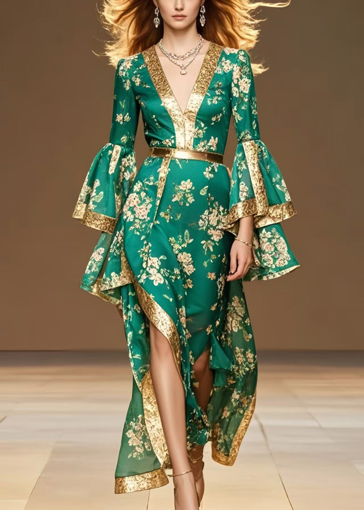 French Green Asymmetrical Print Chiffon Vacation Dresses Flare Sleeve