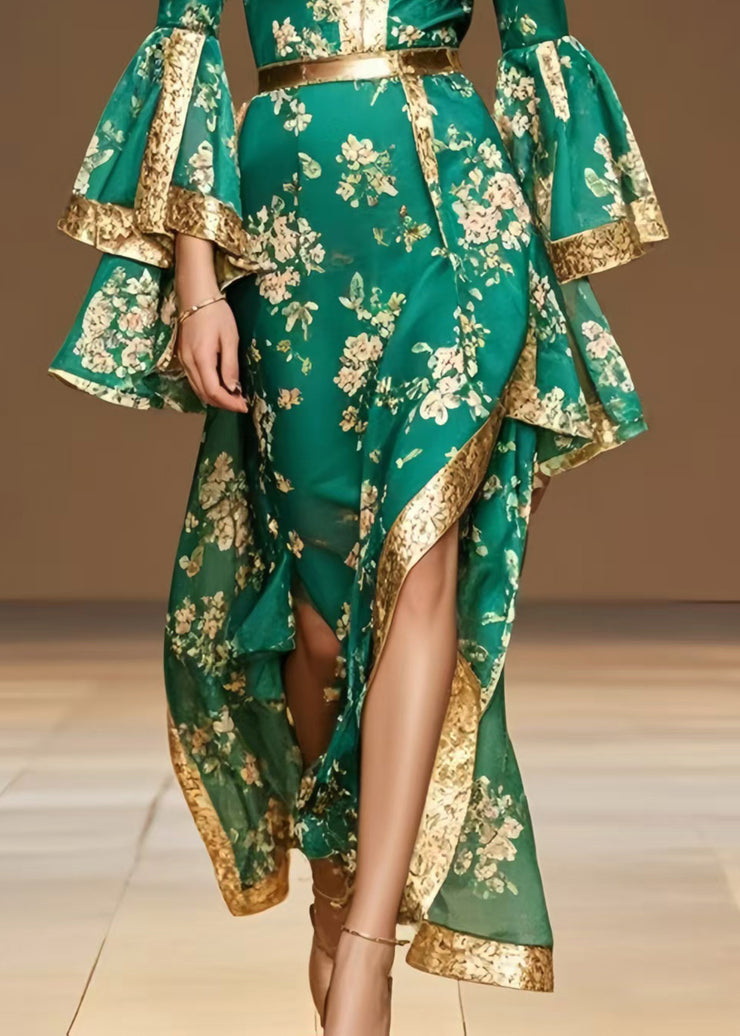 French Green Asymmetrical Print Chiffon Vacation Dresses Flare Sleeve