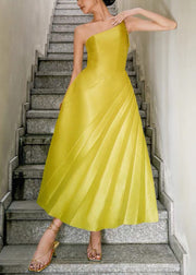 French Green Asymmetrical Solid Silk Long Dress Sleeveless