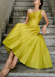 French Green Asymmetrical Solid Silk Long Dress Sleeveless