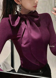 French Green Bow Patchwork Slim Fit Knit Sweaters Fall