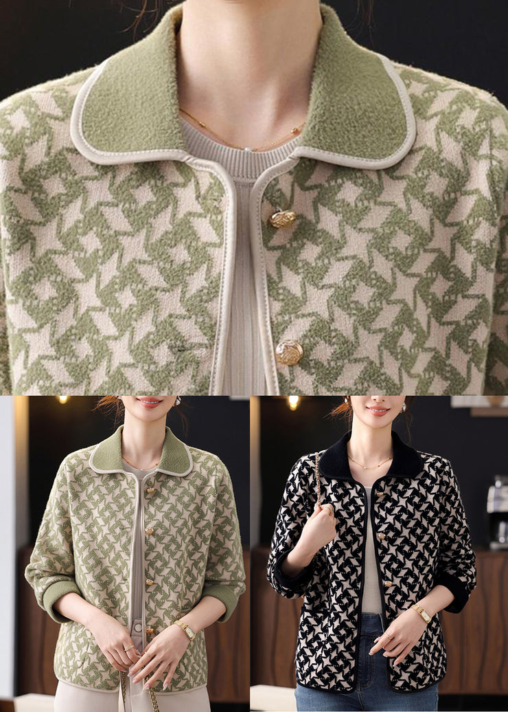 French Green Button Pockets Knit Coats Fall
