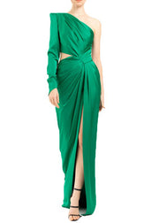 French Green Cold Shoulder Side Open Long Sleeved Silk Dress