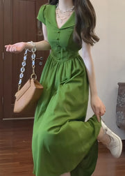 French Green Peter Pan Collar Patchwork Cotton Dresses Summer