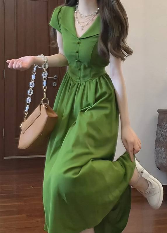 French Green Peter Pan Collar Patchwork Cotton Dresses Summer