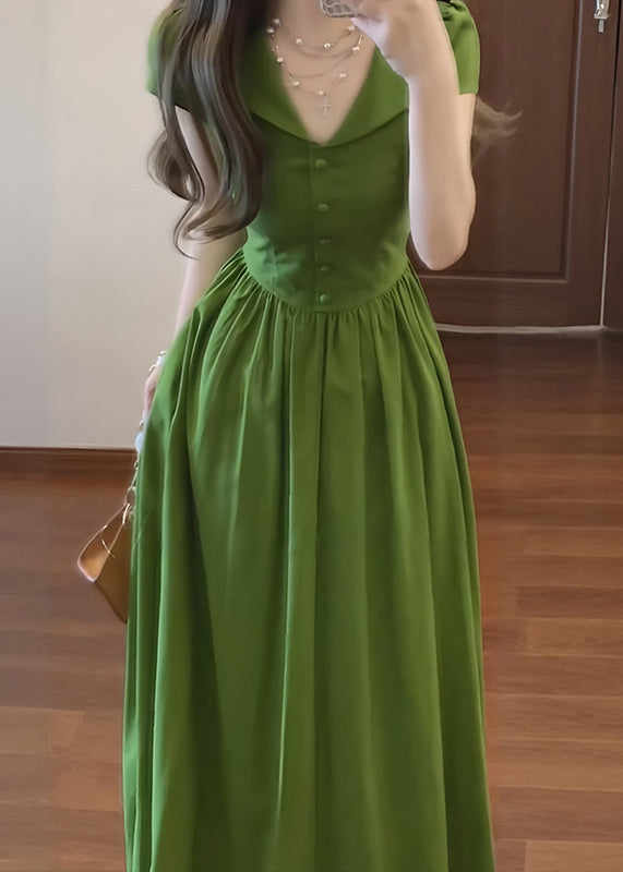 French Green Peter Pan Collar Patchwork Cotton Dresses Summer