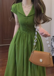French Green Peter Pan Collar Patchwork Cotton Dresses Summer