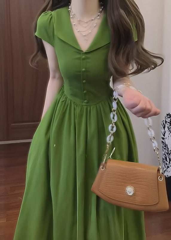 French Green Peter Pan Collar Patchwork Cotton Dresses Summer
