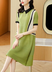 French Green Peter Pan Collar Patchwork 2025 Mid Dress Short Sleeve
