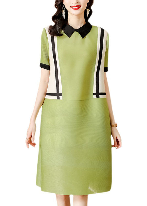 French Green Peter Pan Collar Patchwork 2025 Mid Dress Short Sleeve