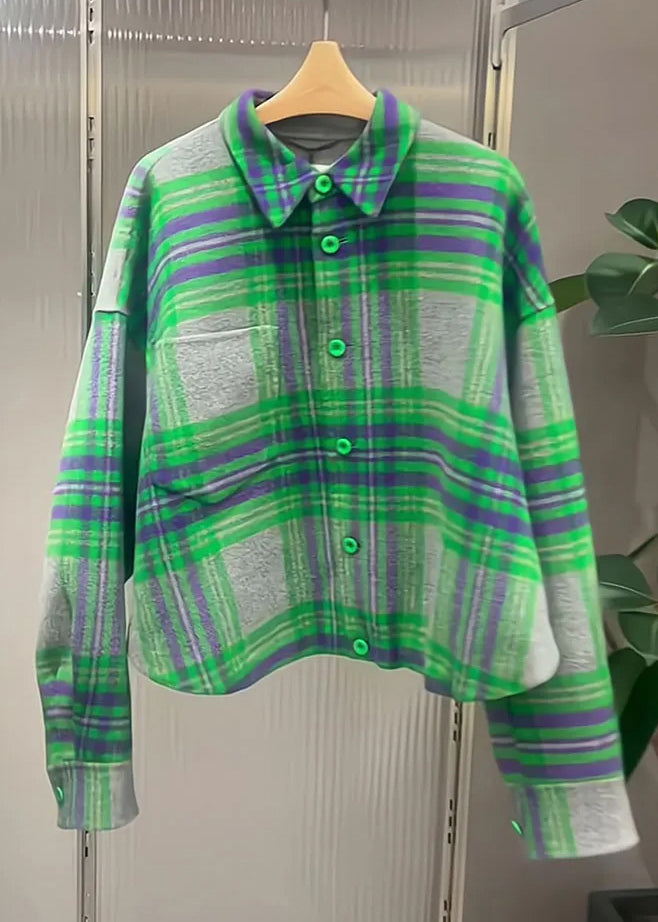 French Green Peter Pan Collar Plaid Button Cotton Shirt Fall