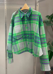 French Green Peter Pan Collar Plaid Button Cotton Shirt Fall