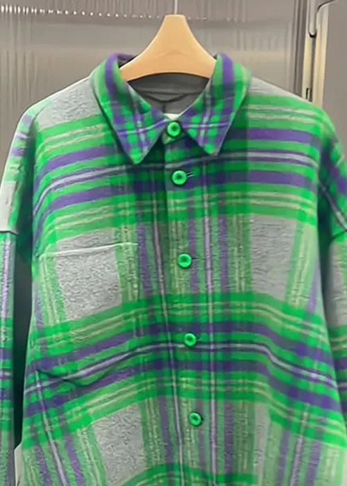 French Green Peter Pan Collar Plaid Button Cotton Shirt Fall