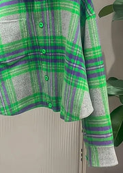 French Green Peter Pan Collar Plaid Button Cotton Shirt Fall
