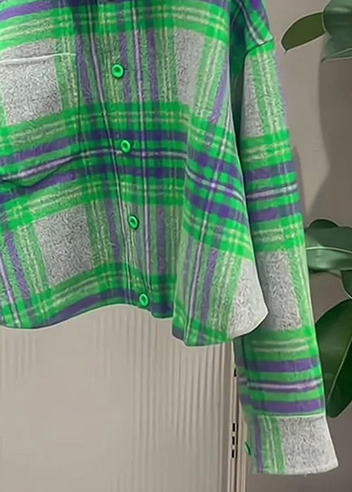 French Green Peter Pan Collar Plaid Button Cotton Shirt Fall