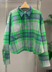 French Green Peter Pan Collar Plaid Button Cotton Shirt Fall