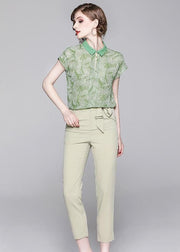 French Green Peter Pan Collar Print Chiffon Two Pieces Set Summer