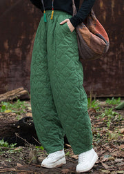 French Green Plaid Pockets Cotton Filled Pants Winter