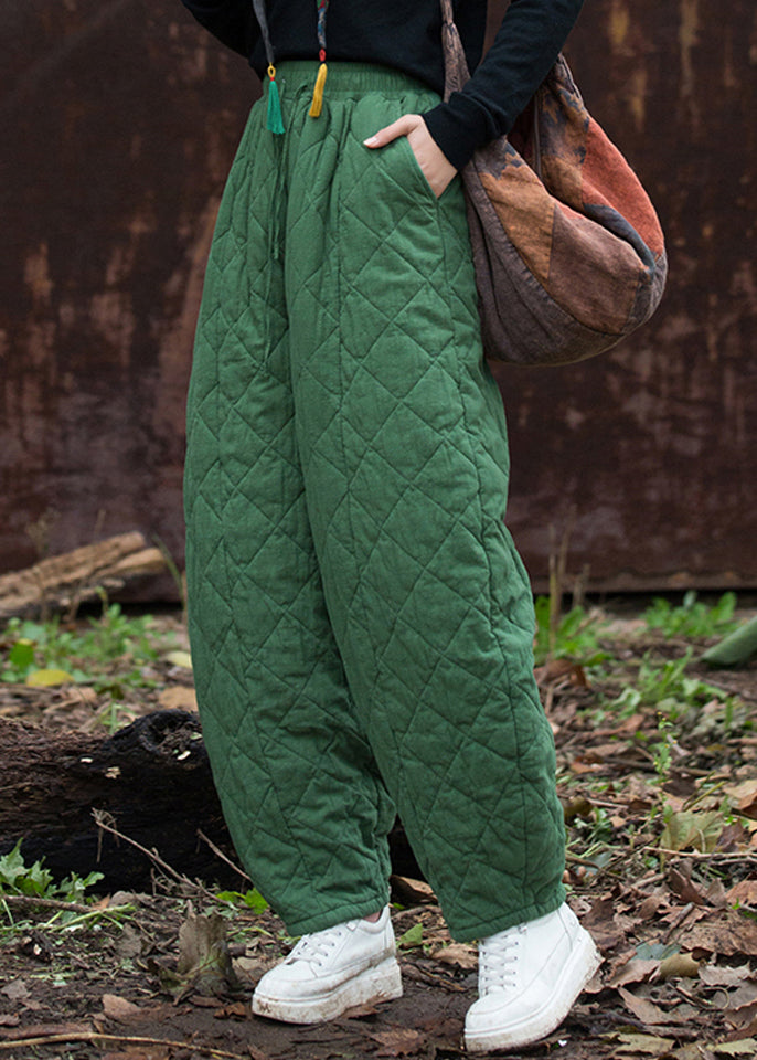 French Green Plaid Pockets Cotton Filled Pants Winter