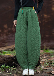 French Green Plaid Pockets Cotton Filled Pants Winter