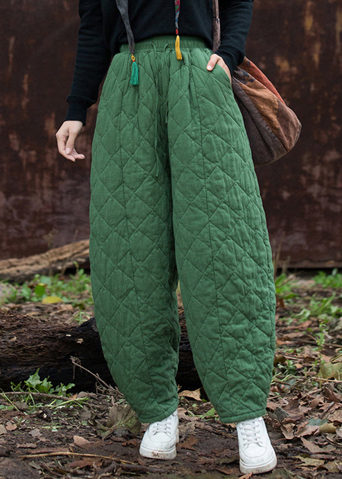 French Green Plaid Pockets Cotton Filled Pants Winter