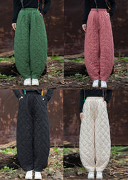 French Green Plaid Pockets Cotton Filled Pants Winter