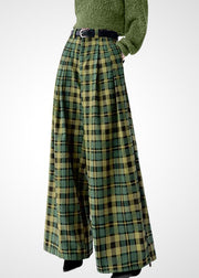 French Green Plaid Woolen Wide Leg Pants Fall