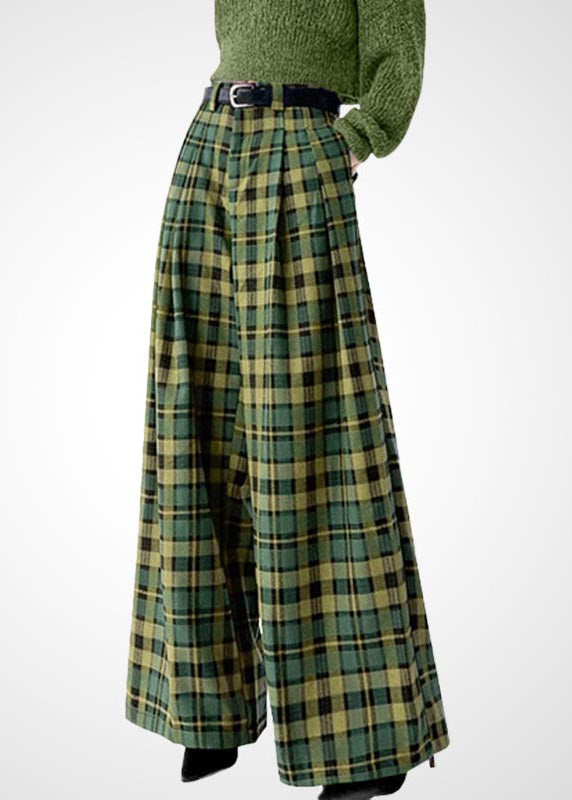 French Green Plaid Woolen Wide Leg Pants Fall
